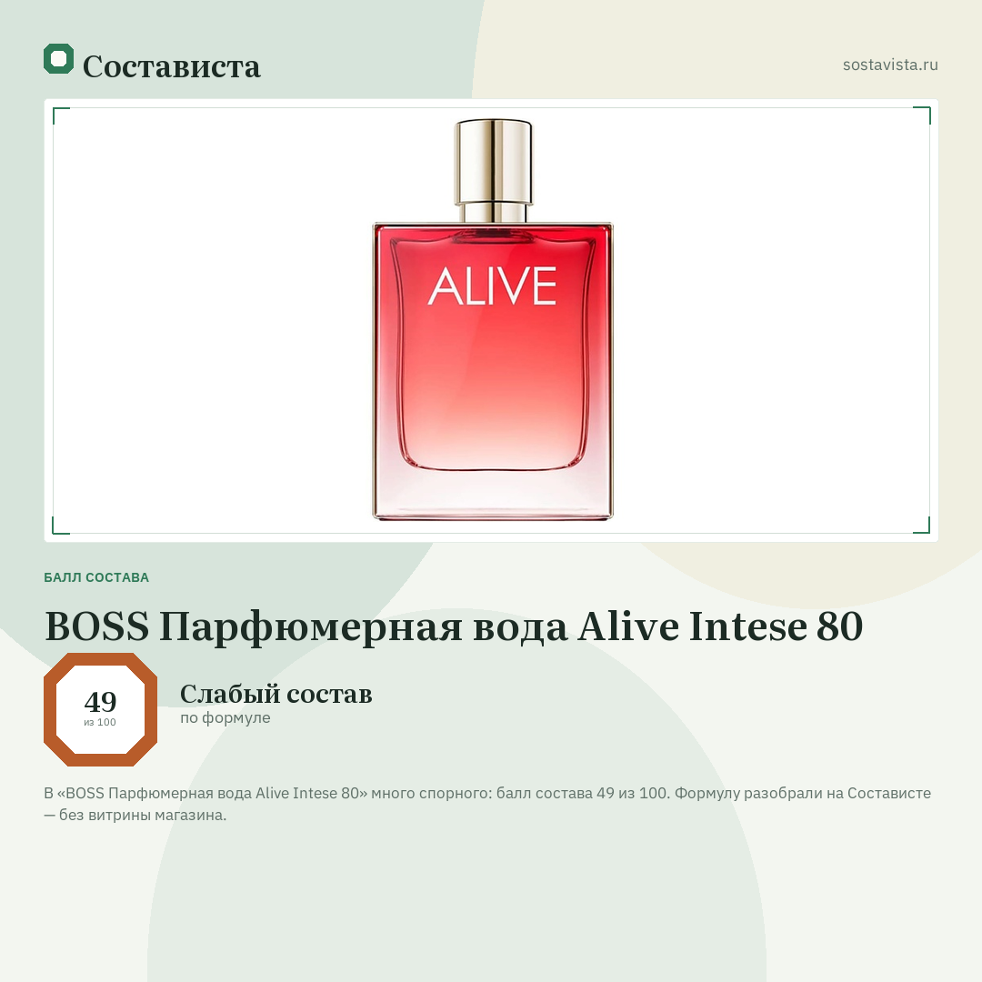 BOSS Парфюмерная вода Alive Intese 80: балл состава 49 из 100 — Состависта
