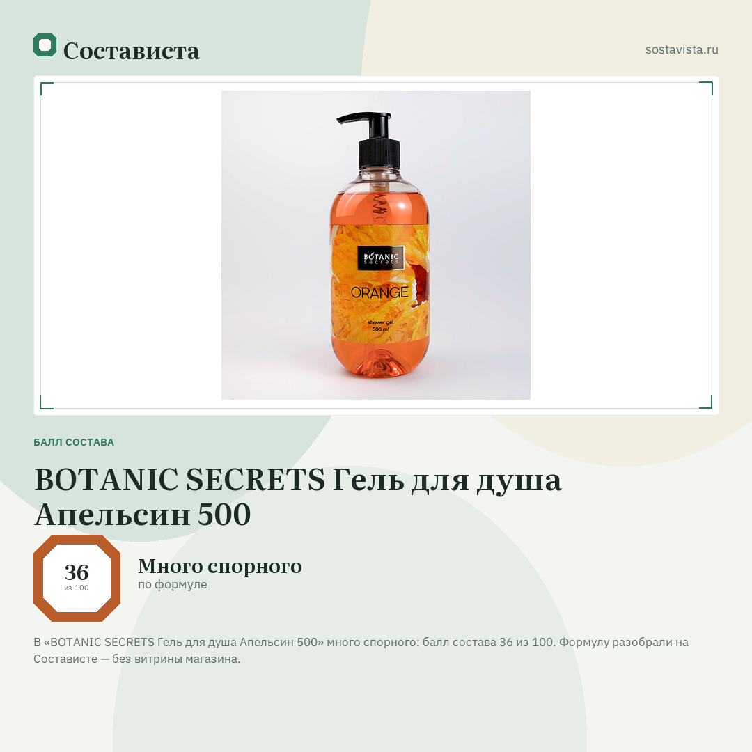 BOTANIC SECRETS Гель для душа Апельсин 500: балл состава 36 из 100 — Состависта