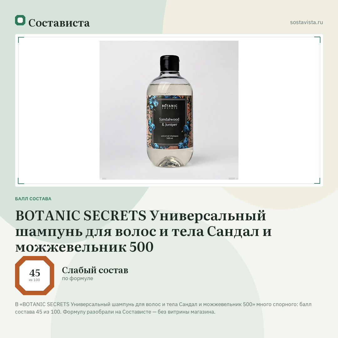 BOTANIC SECRETS Универсальный шампунь для волос и тела Сандал и можжевельник 500: балл состава 45 из 100 — Состависта