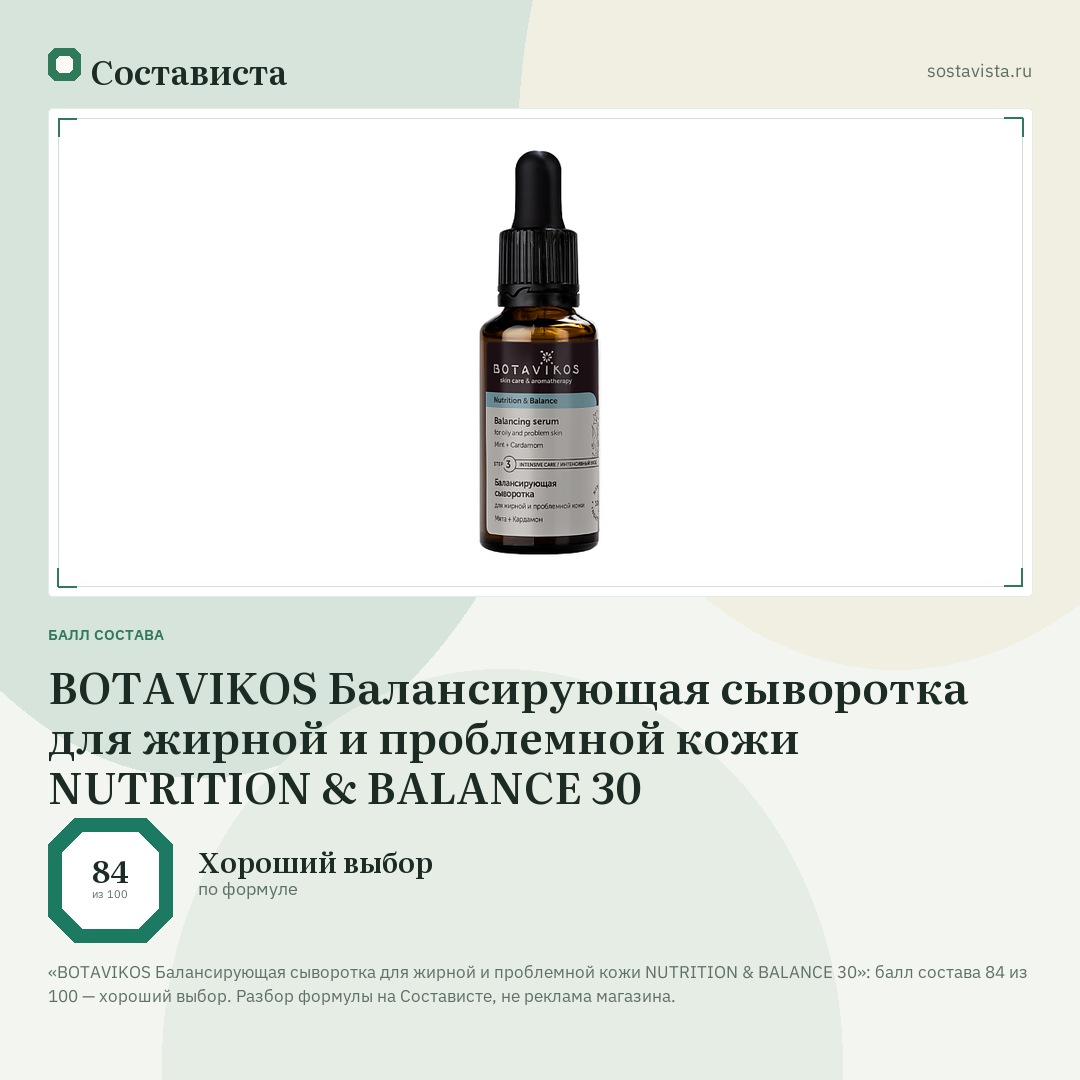 BOTAVIKOS Балансирующая сыворотка для жирной и проблемной кожи NUTRITION & BALANCE 30: балл состава 84 из 100 — Состависта