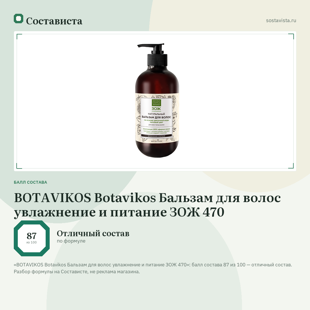 BOTAVIKOS Botavikos Бальзам для волос увлажнение и питание ЗОЖ 470: балл состава 87 из 100 — Состависта