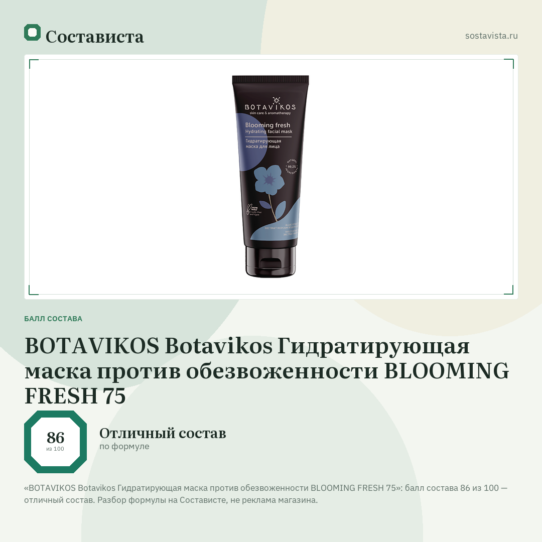 BOTAVIKOS Botavikos Гидратирующая маска против обезвоженности BLOOMING FRESH 75: балл состава 86 из 100 — Состависта