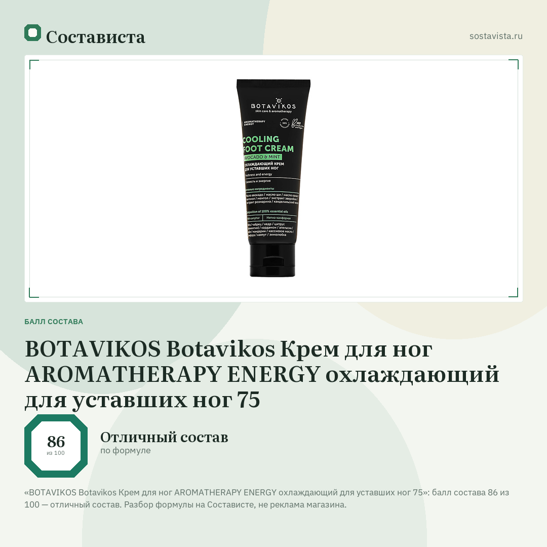 BOTAVIKOS Botavikos Крем для ног AROMATHERAPY ENERGY охлаждающий для уставших ног 75: балл состава 86 из 100 — Состависта