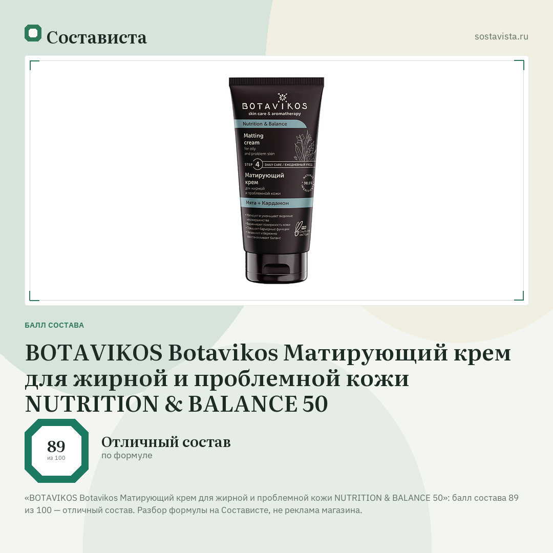 BOTAVIKOS Botavikos Матирующий крем для жирной и проблемной кожи NUTRITION & BALANCE 50: балл состава 89 из 100 — Состависта
