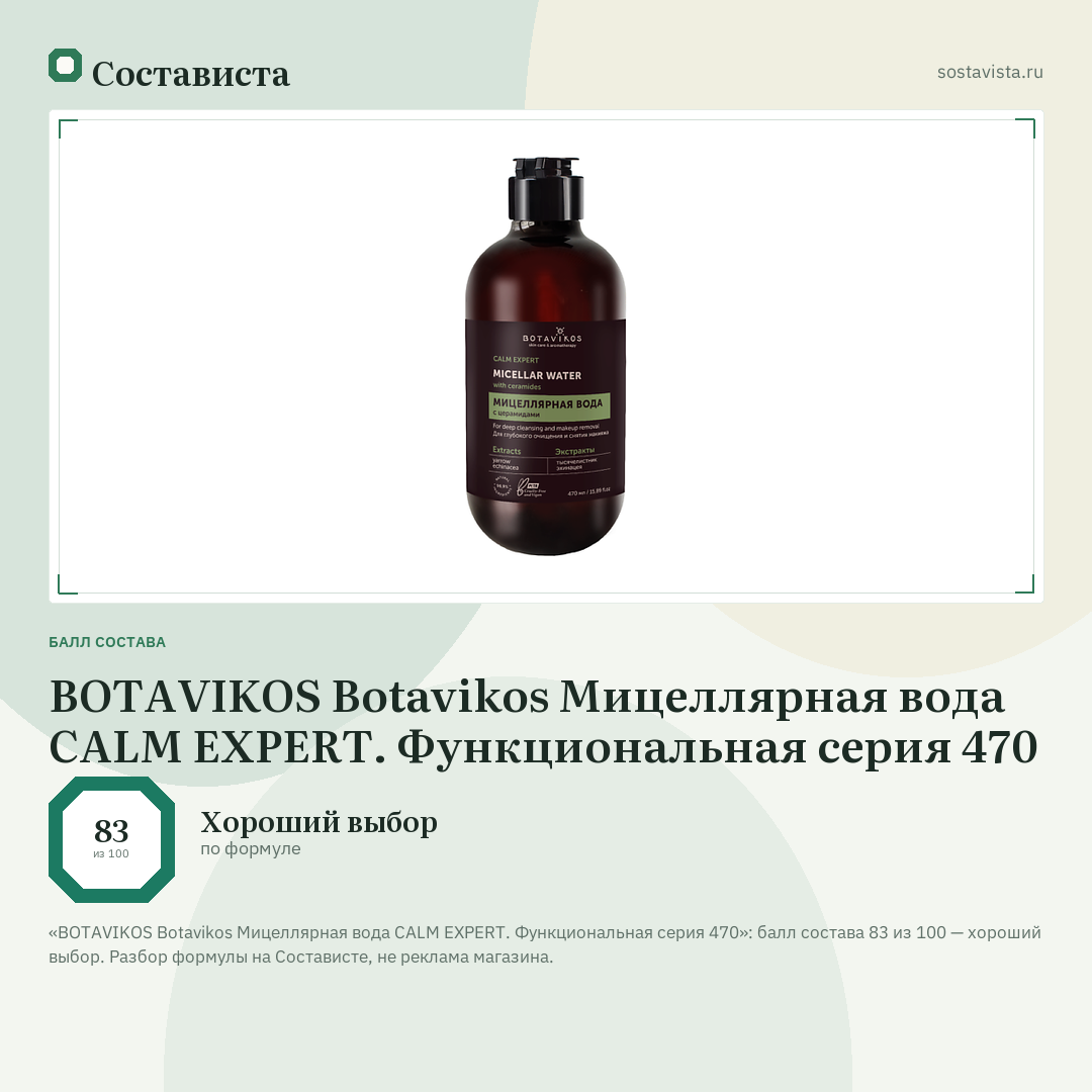 BOTAVIKOS Botavikos Мицеллярная вода CALM EXPERT. Функциональная серия 470: балл состава 83 из 100 — Состависта