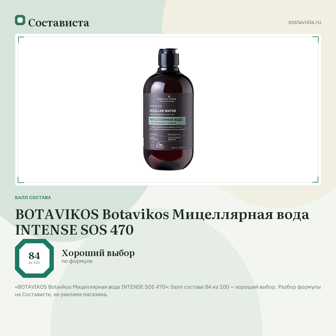 BOTAVIKOS Botavikos Мицеллярная вода INTENSE SOS 470: балл состава 84 из 100 — Состависта