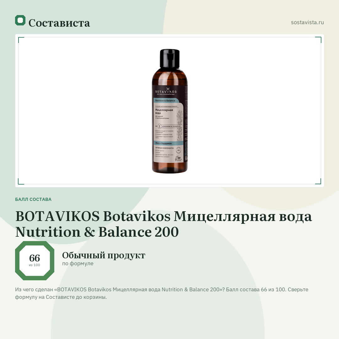 BOTAVIKOS Botavikos Мицеллярная вода Nutrition & Balance 200: балл состава 66 из 100 — Состависта