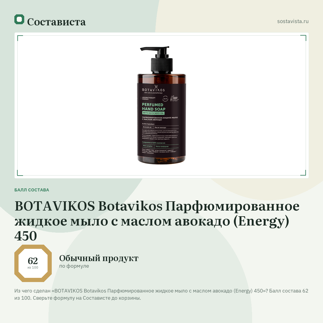 BOTAVIKOS Botavikos Парфюмированное жидкое мыло с маслом авокадо (Energy) 450: балл состава 62 из 100 — Состависта