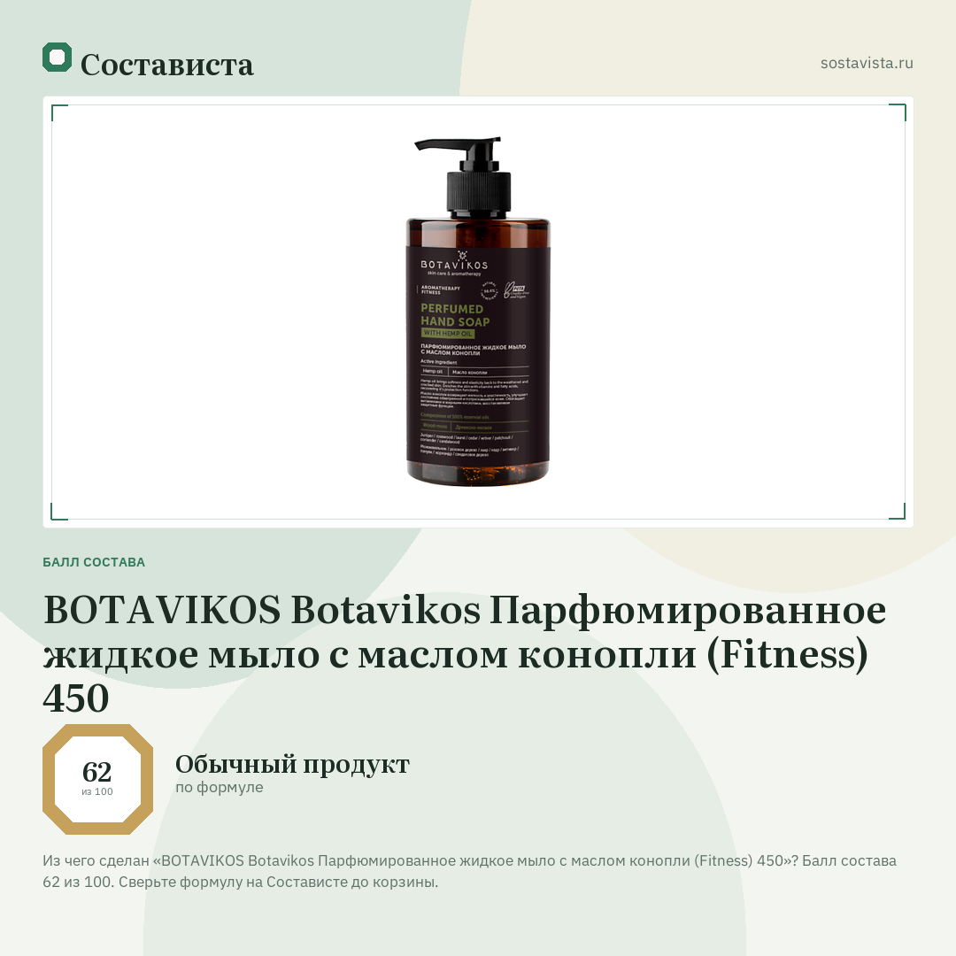 BOTAVIKOS Botavikos Парфюмированное жидкое мыло с маслом конопли (Fitness) 450: балл состава 62 из 100 — Состависта