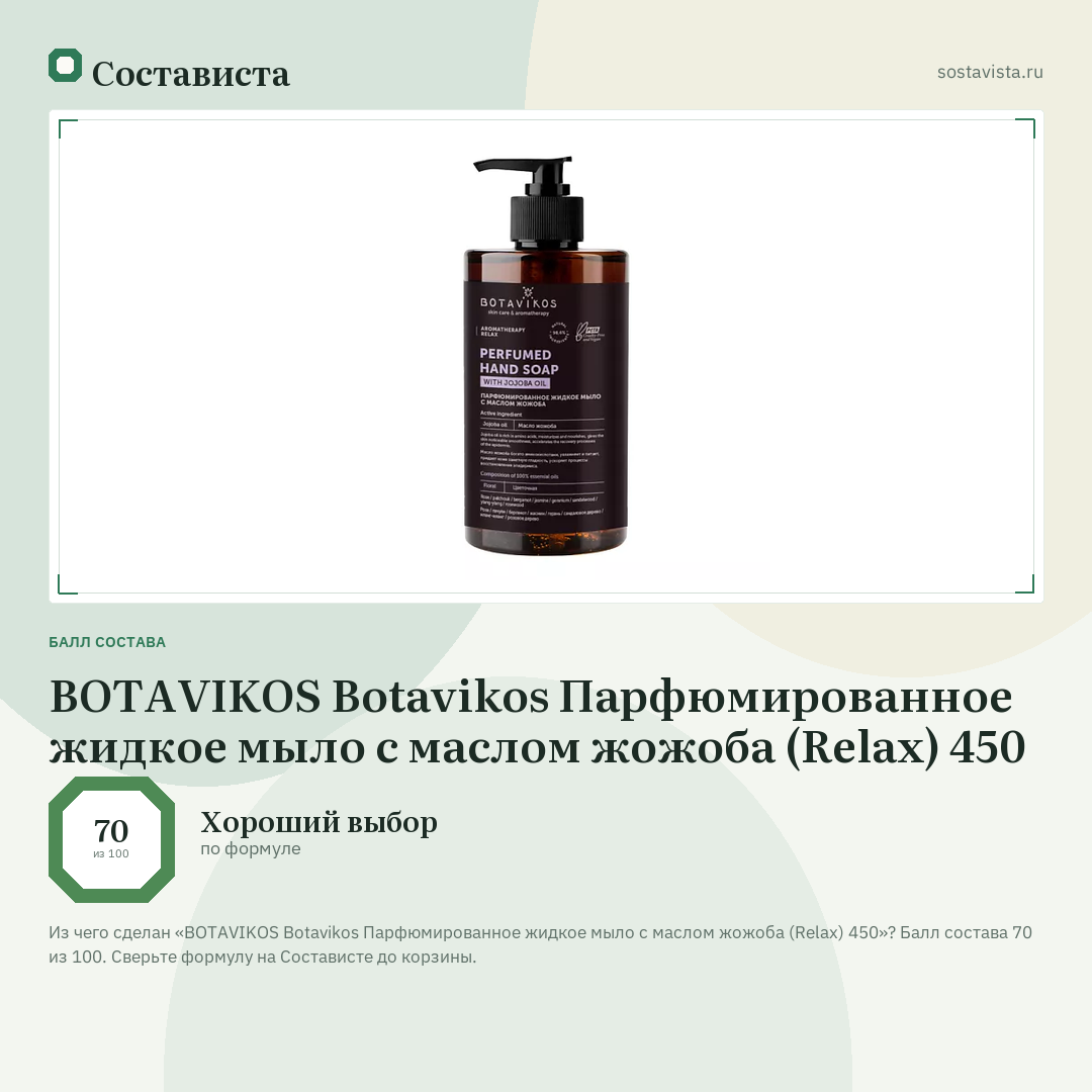 BOTAVIKOS Botavikos Парфюмированное жидкое мыло с маслом жожоба (Relax) 450: балл состава 70 из 100 — Состависта