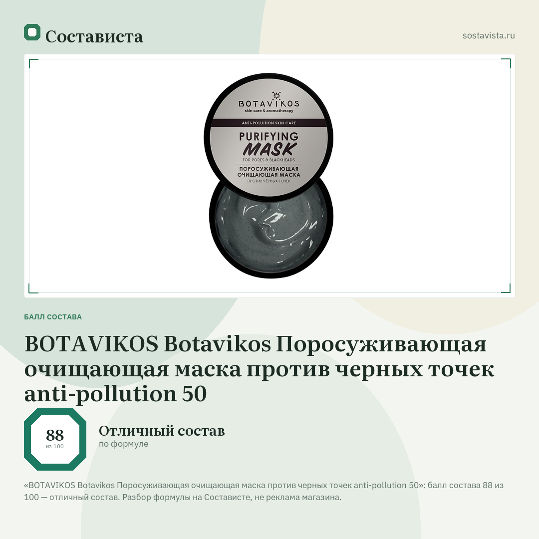 BOTAVIKOS Botavikos Поросуживающая очищающая маска против черных точек anti-pollution 50: балл состава 88 из 100 — Состависта