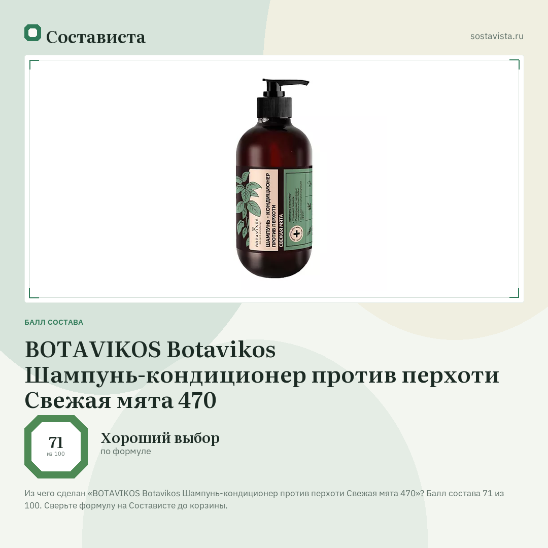BOTAVIKOS Botavikos Шампунь-кондиционер против перхоти Свежая мята 470: балл состава 71 из 100 — Состависта