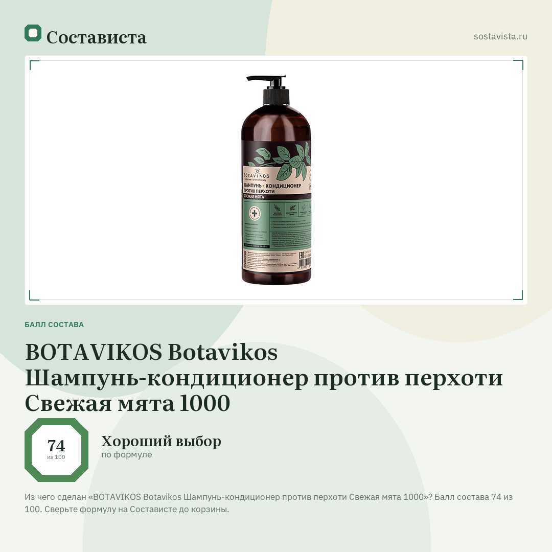 BOTAVIKOS Botavikos Шампунь-кондиционер против перхоти Свежая мята 1000: балл состава 74 из 100 — Состависта