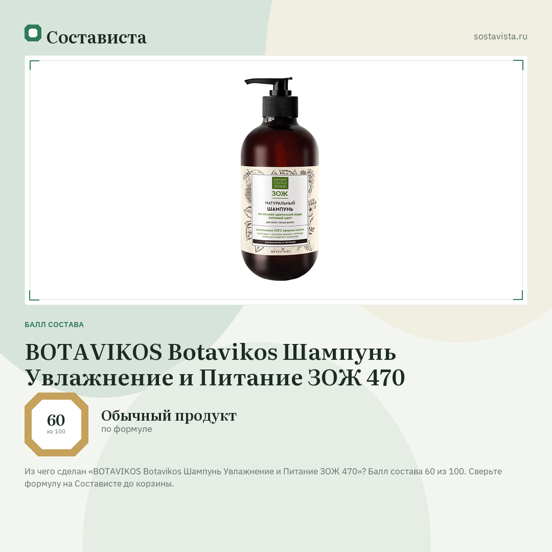 BOTAVIKOS Botavikos Шампунь Увлажнение и Питание ЗОЖ 470: балл состава 60 из 100 — Состависта