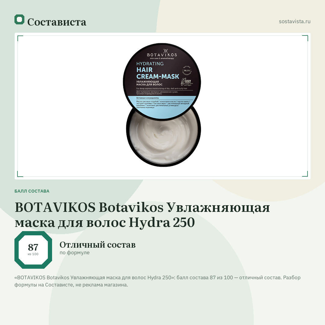 BOTAVIKOS Botavikos Увлажняющая маска для волос Hydra 250: балл состава 87 из 100 — Состависта