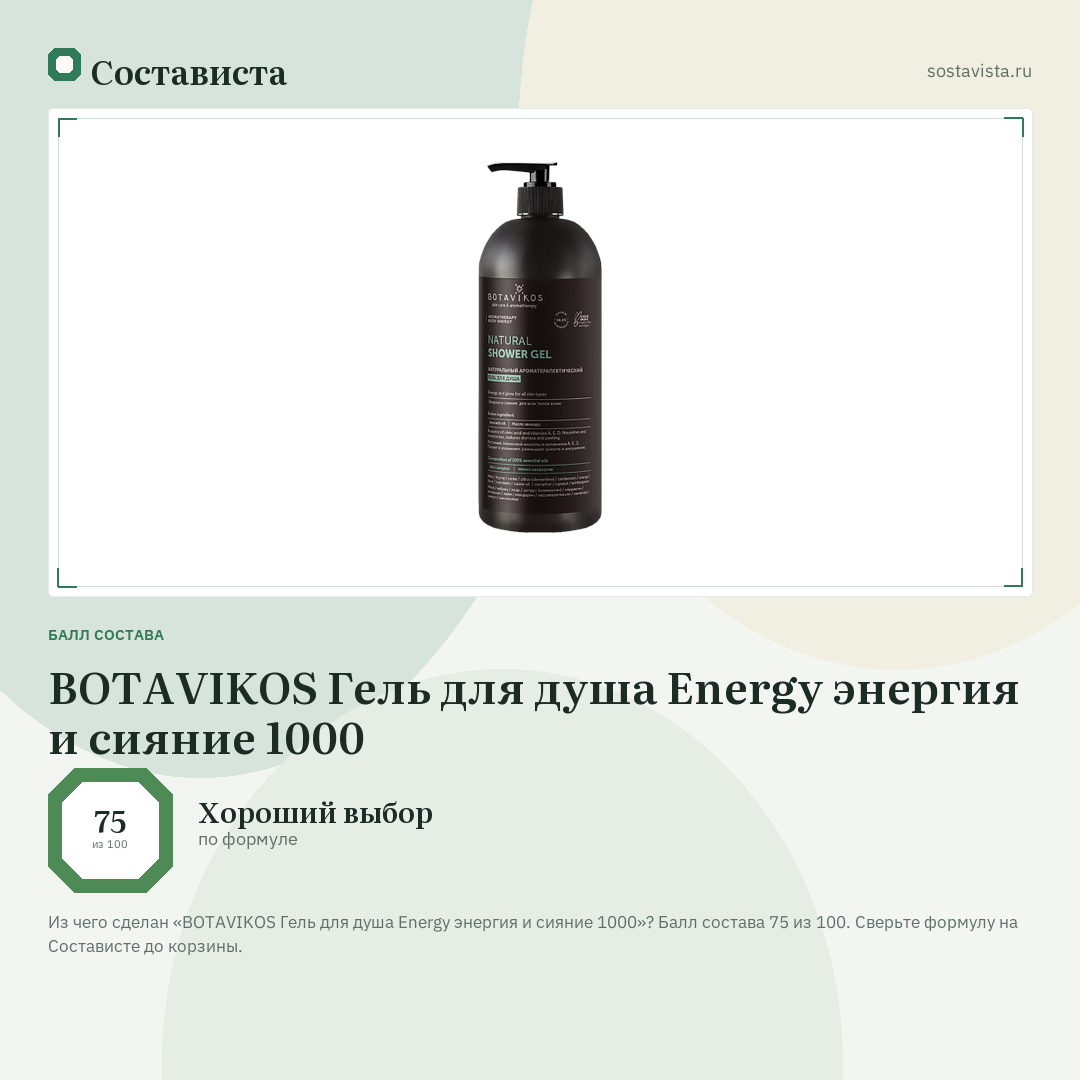 BOTAVIKOS Гель для душа Energy энергия и сияние 1000: балл состава 75 из 100 — Состависта