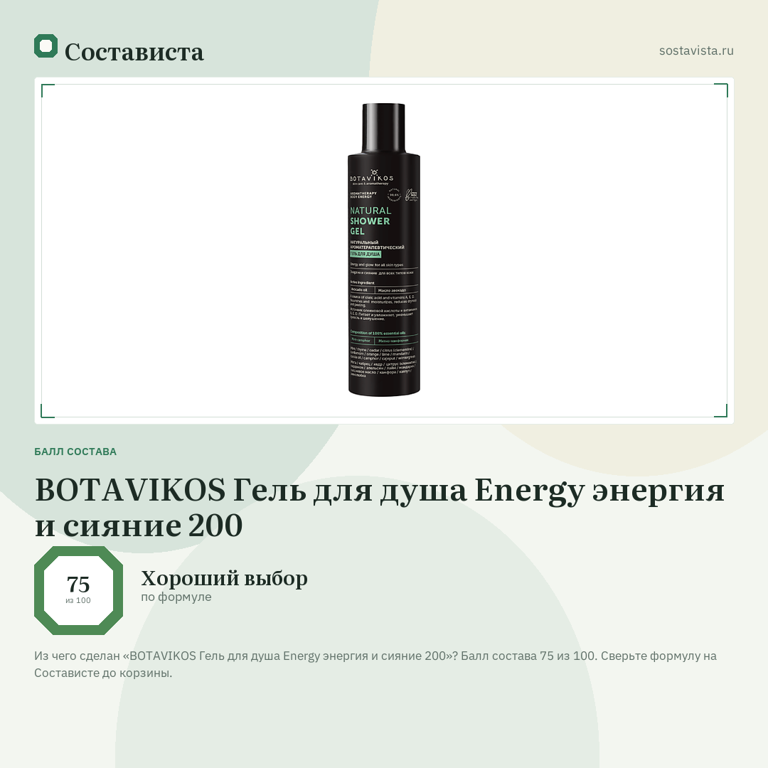 BOTAVIKOS Гель для душа Energy энергия и сияние 200: балл состава 75 из 100 — Состависта