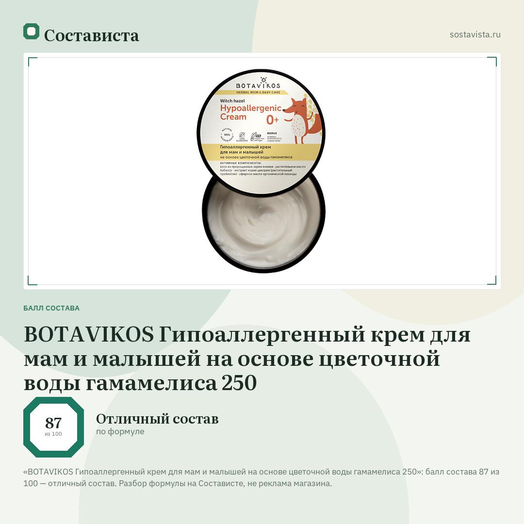 BOTAVIKOS Гипоаллергенный крем для мам и малышей на основе цветочной воды гамамелиса 250: балл состава 87 из 100 — Состависта