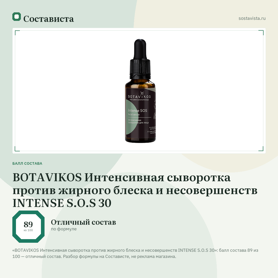BOTAVIKOS Интенсивная сыворотка против жирного блеска и несовершенств INTENSE S.O.S 30: балл состава 89 из 100 — Состависта