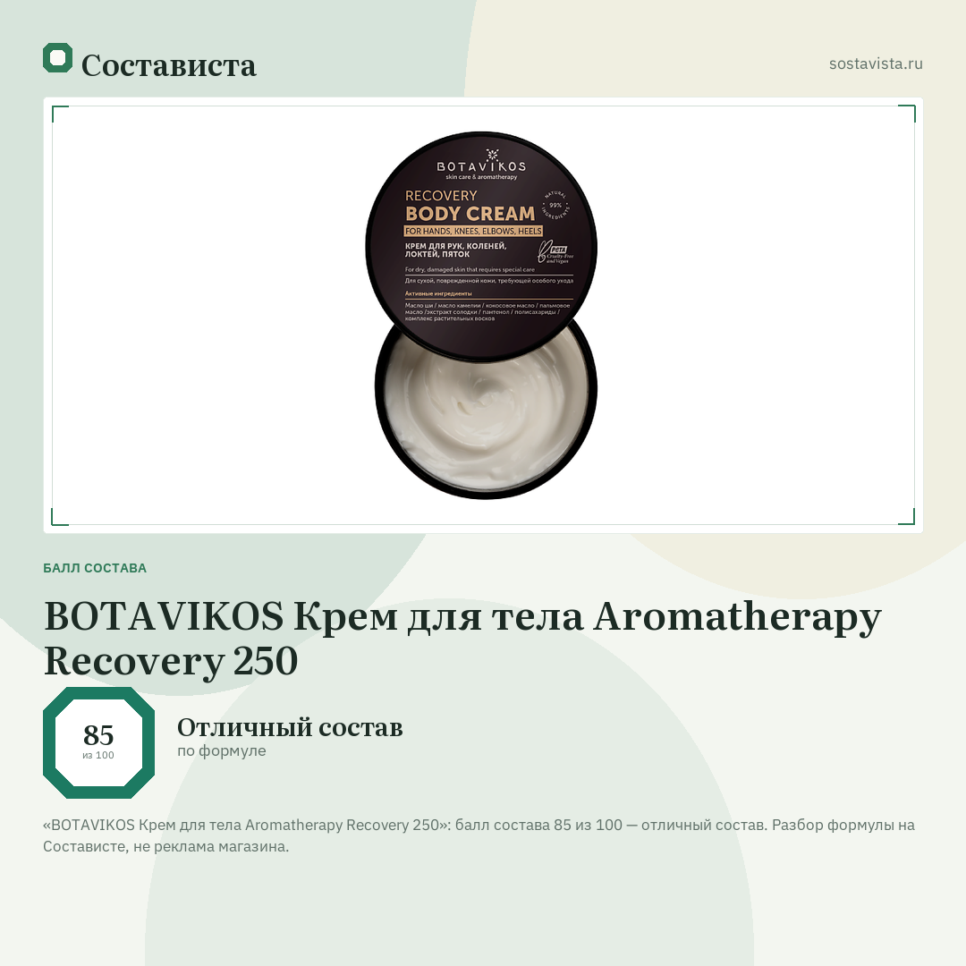 BOTAVIKOS Крем для тела Aromatherapy Recovery 250: балл состава 85 из 100 — Состависта