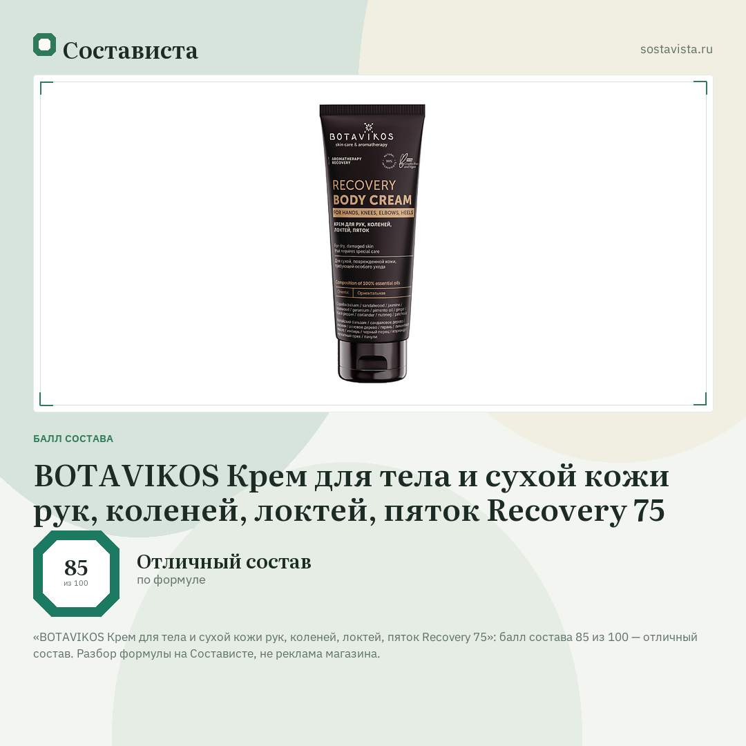 BOTAVIKOS Крем для тела и сухой кожи рук, коленей, локтей, пяток Recovery 75: балл состава 85 из 100 — Состависта