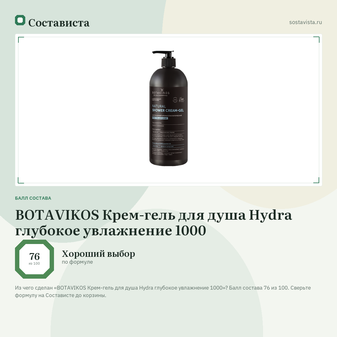 BOTAVIKOS Крем-гель для душа Hydra глубокое увлажнение 1000: балл состава 76 из 100 — Состависта
