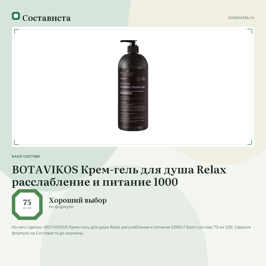 BOTAVIKOS Крем-гель для душа Relax расслабление и питание 1000: балл состава 75 из 100 — Состависта