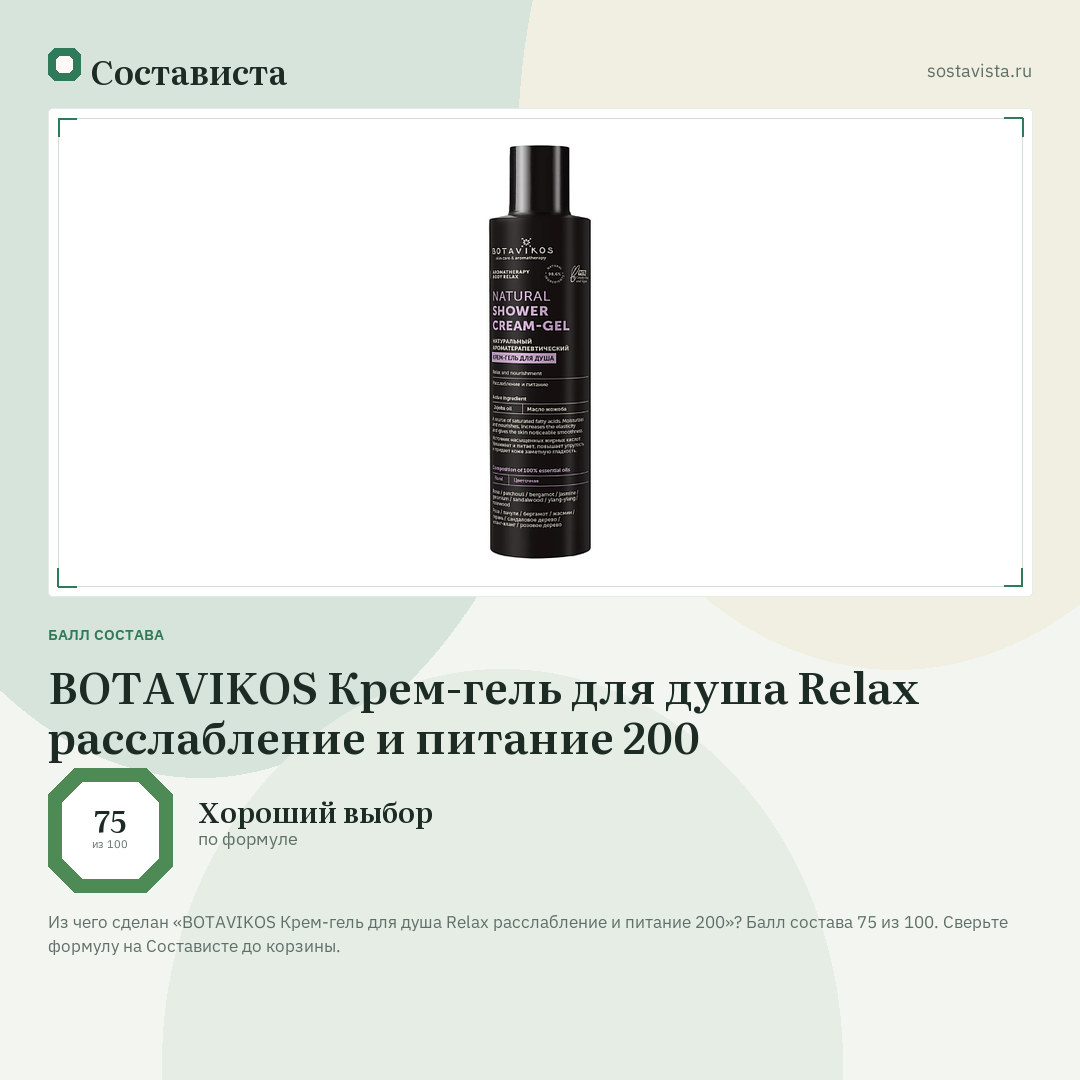 BOTAVIKOS Крем-гель для душа Relax расслабление и питание 200: балл состава 75 из 100 — Состависта