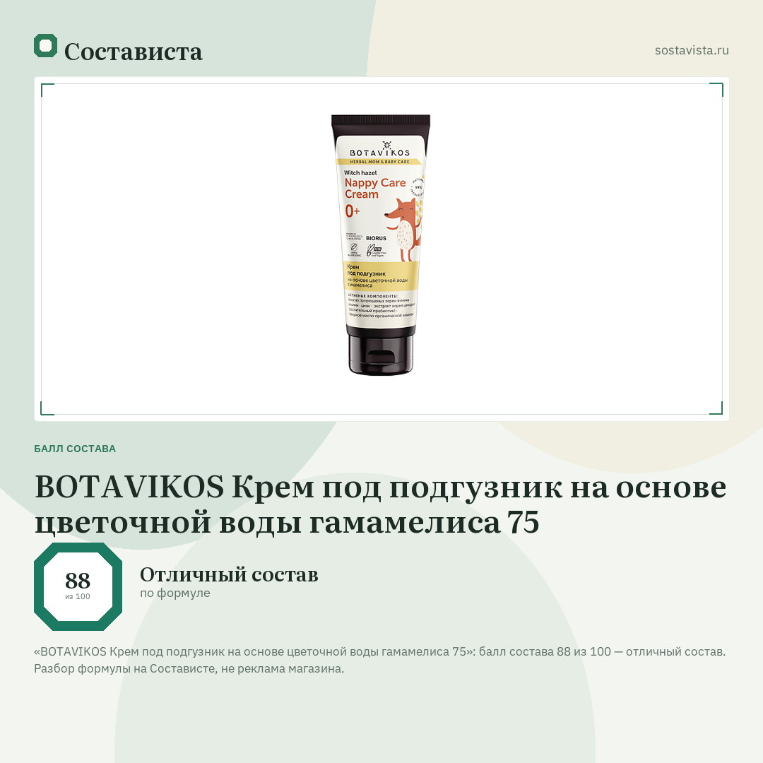 BOTAVIKOS Крем под подгузник на основе цветочной воды гамамелиса 75: балл состава 88 из 100 — Состависта