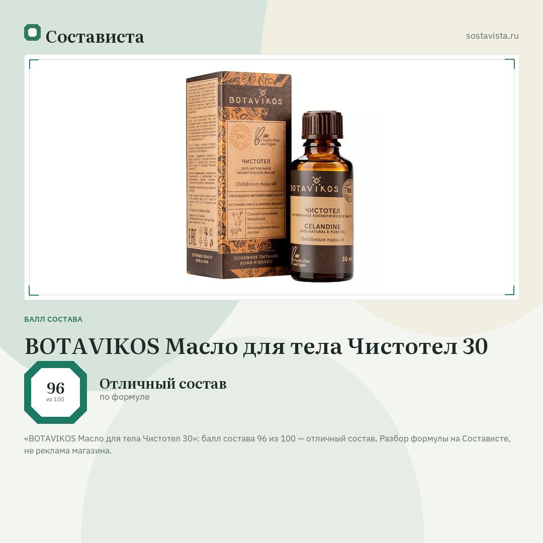 BOTAVIKOS Масло для тела Чистотел 30: балл состава 96 из 100 — Состависта