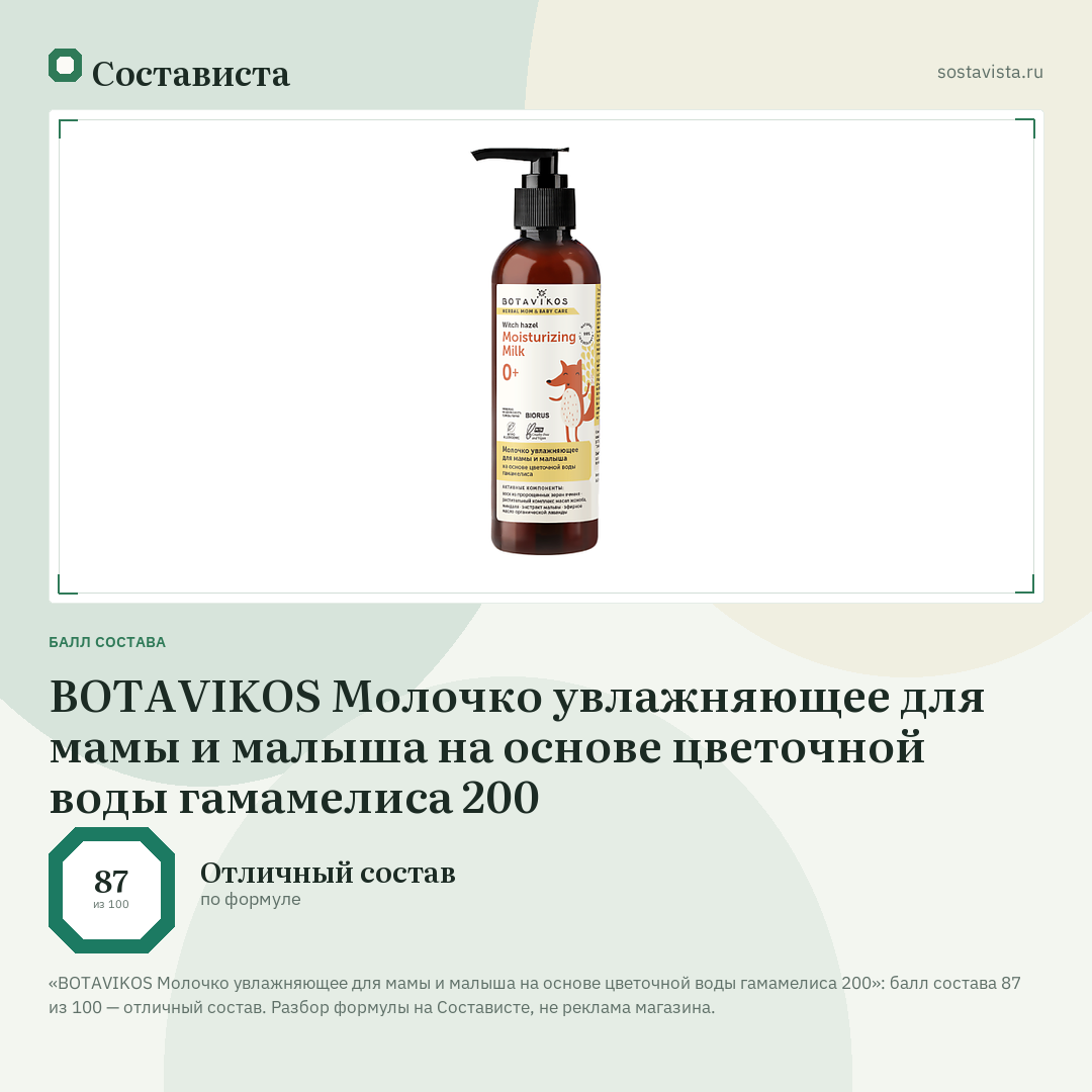 BOTAVIKOS Молочко увлажняющее для мамы и малыша на основе цветочной воды гамамелиса 200: балл состава 87 из 100 — Состависта