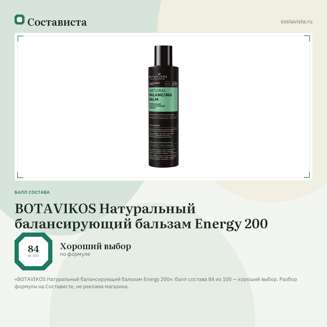 BOTAVIKOS Натуральный балансирующий бальзам Energy 200: балл состава 84 из 100 — Состависта