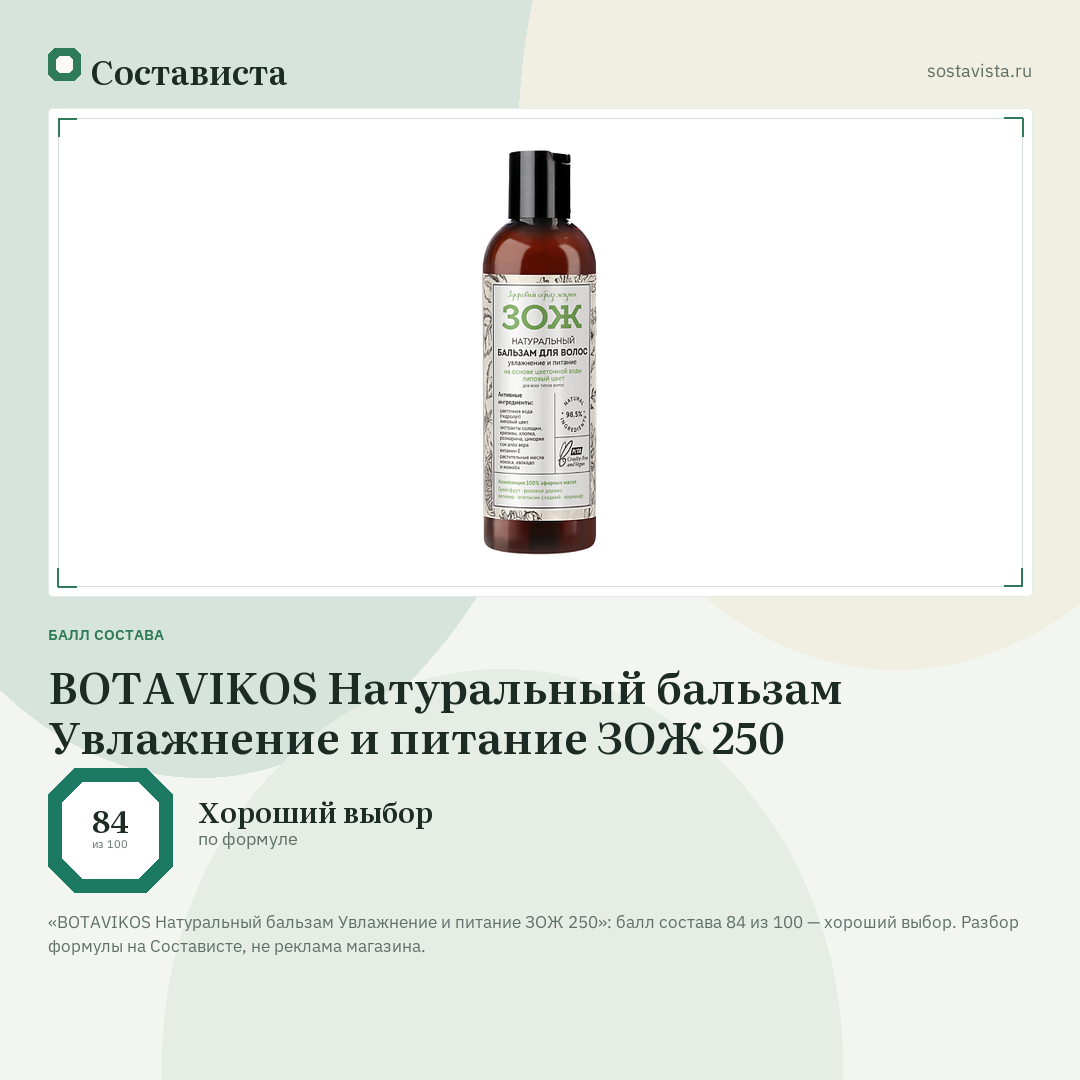 BOTAVIKOS Натуральный бальзам Увлажнение и питание ЗОЖ 250: балл состава 84 из 100 — Состависта