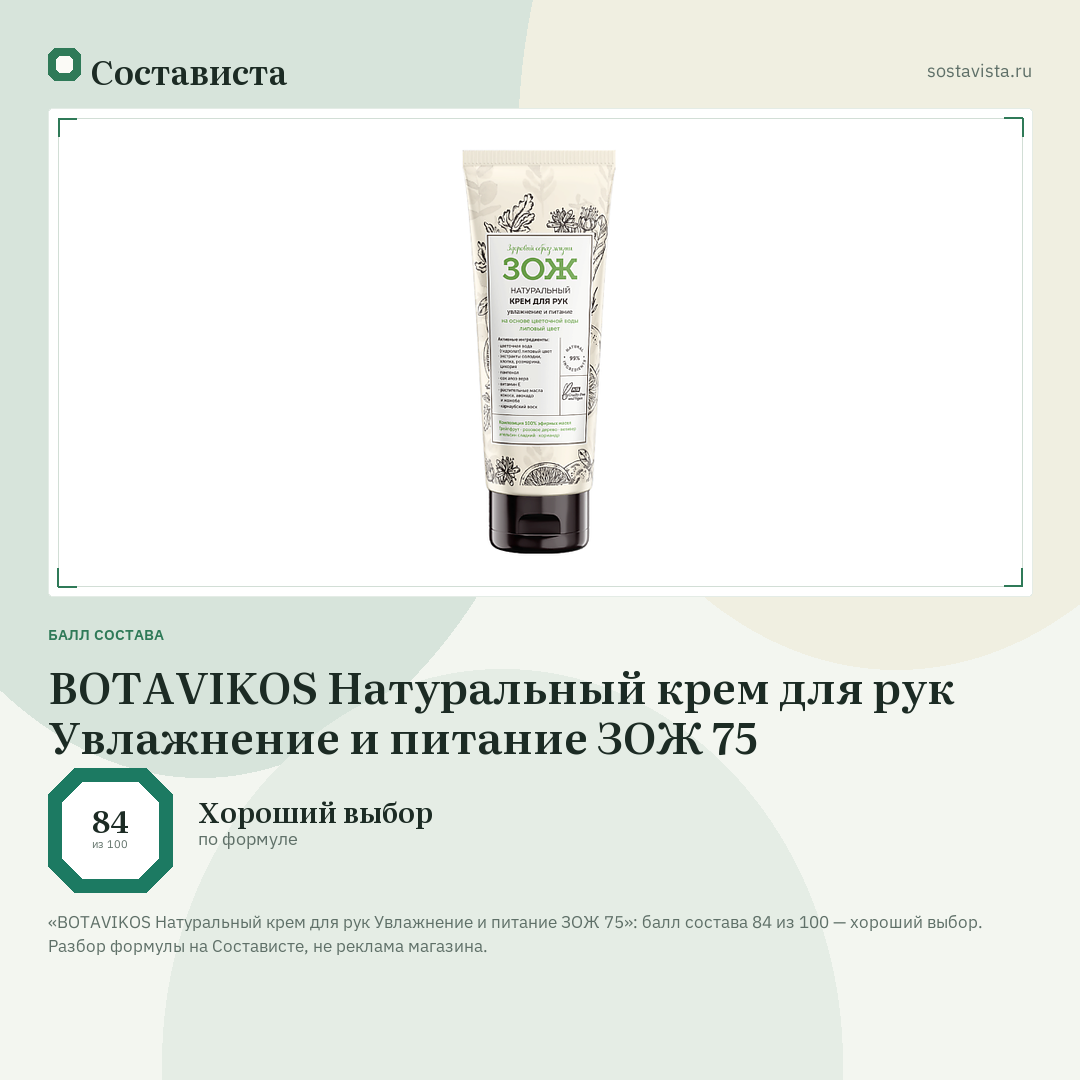 BOTAVIKOS Натуральный крем для рук Увлажнение и питание ЗОЖ 75: балл состава 84 из 100 — Состависта