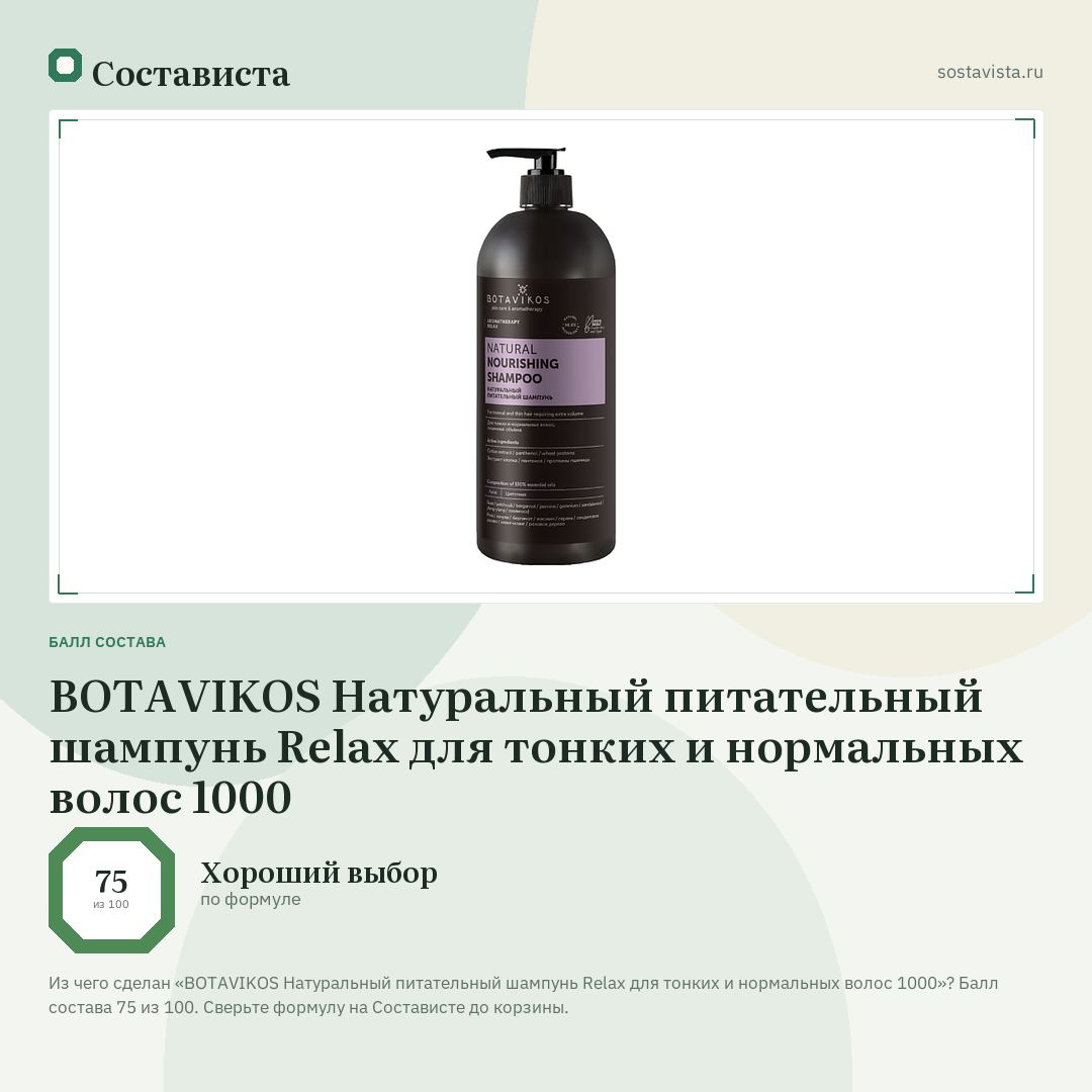 BOTAVIKOS Натуральный питательный шампунь Relax для тонких и нормальных волос 1000: балл состава 75 из 100 — Состависта