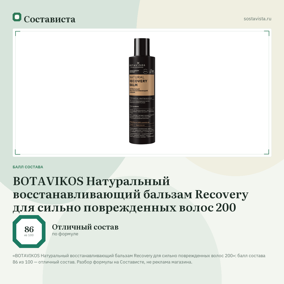 BOTAVIKOS Натуральный восстанавливающий бальзам Recovery для сильно поврежденных волос 200: балл состава 86 из 100 — Состависта