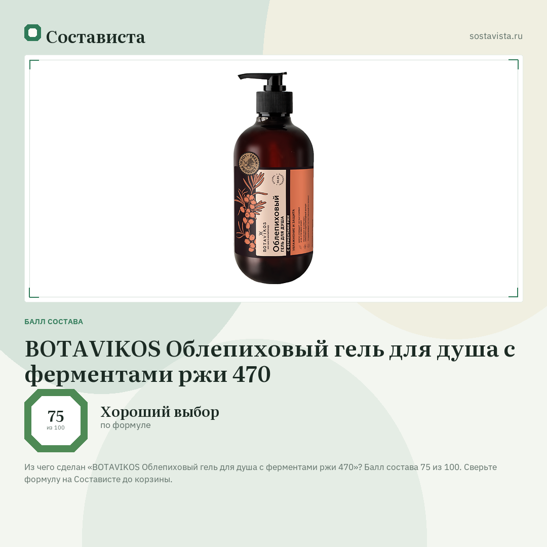 BOTAVIKOS Облепиховый гель для душа с ферментами ржи 470: балл состава 75 из 100 — Состависта
