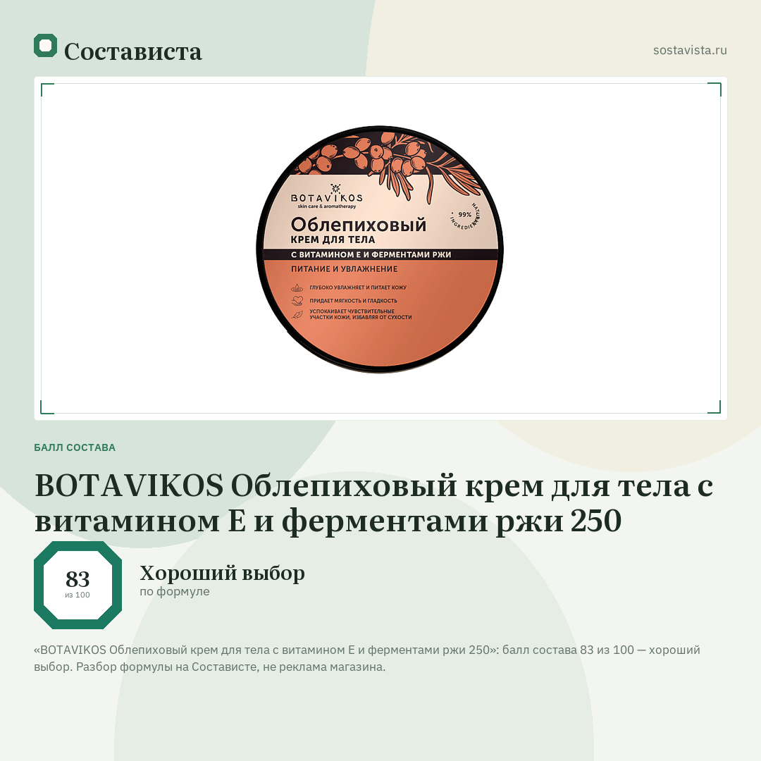 BOTAVIKOS Облепиховый крем для тела с витамином Е и ферментами ржи 250: балл состава 83 из 100 — Состависта