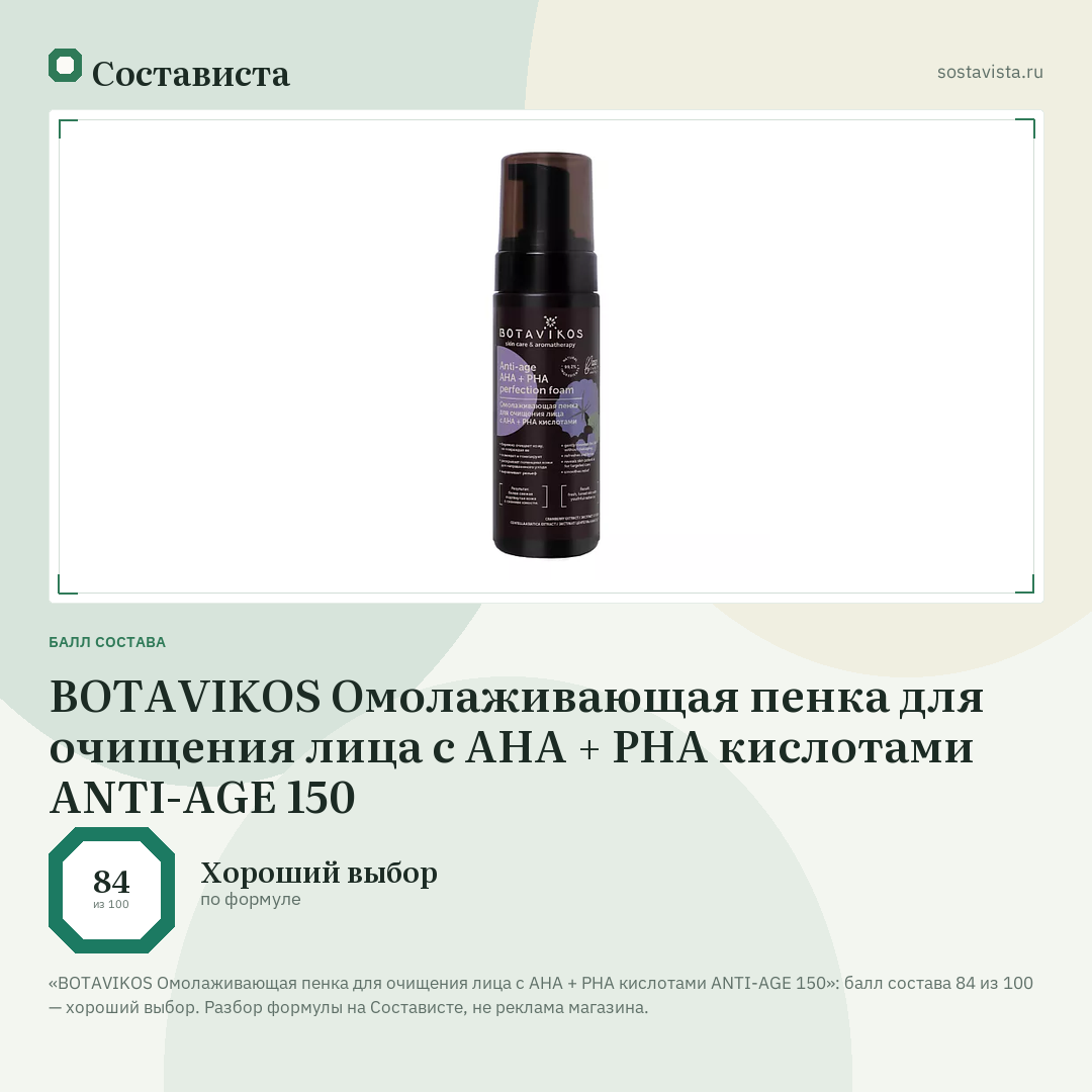 BOTAVIKOS Омолаживающая пенка для очищения лица с AHA + PHA кислотами ANTI-AGE 150: балл состава 84 из 100 — Состависта