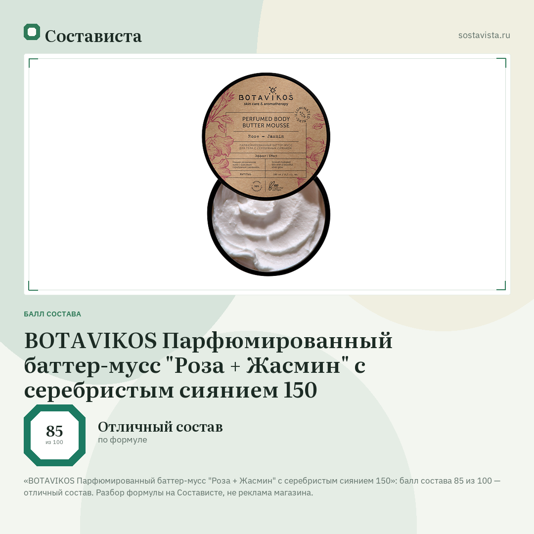 BOTAVIKOS Парфюмированный баттер-мусс "Роза + Жасмин" с серебристым сиянием 150: балл состава 85 из 100 — Состависта
