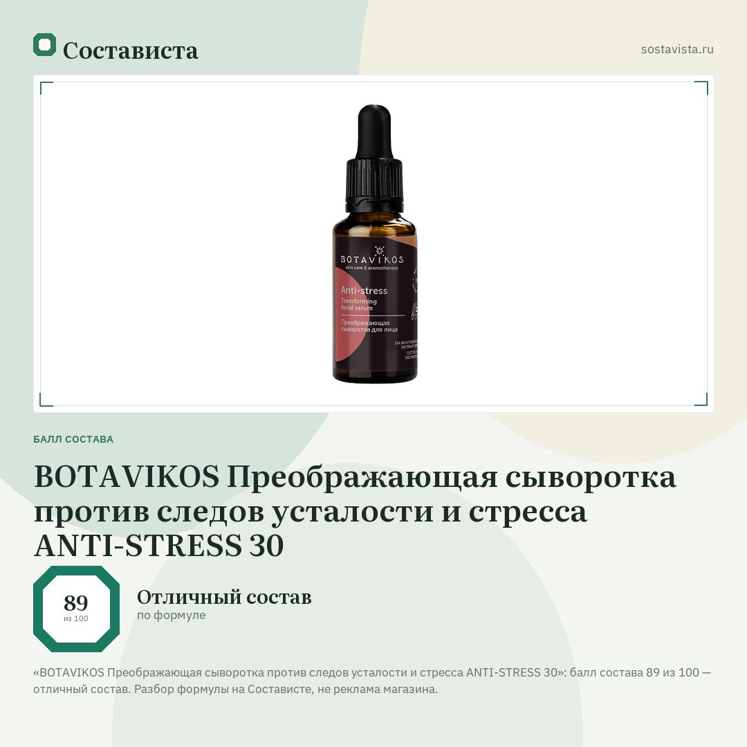 BOTAVIKOS Преображающая сыворотка против следов усталости и стресса ANTI-STRESS 30: балл состава 89 из 100 — Состависта