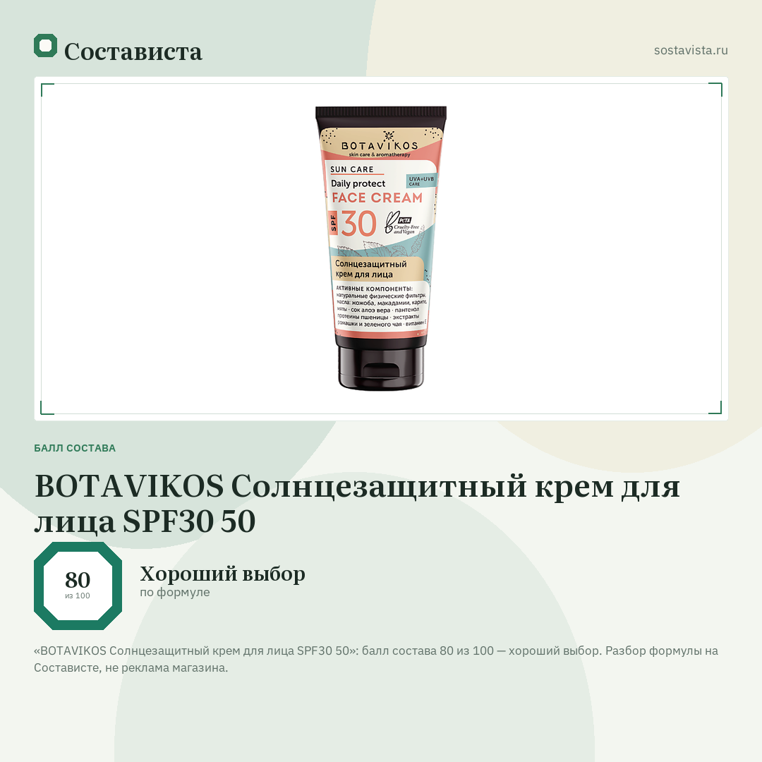 BOTAVIKOS Солнцезащитный крем для лица SPF30 50: балл состава 80 из 100 — Состависта