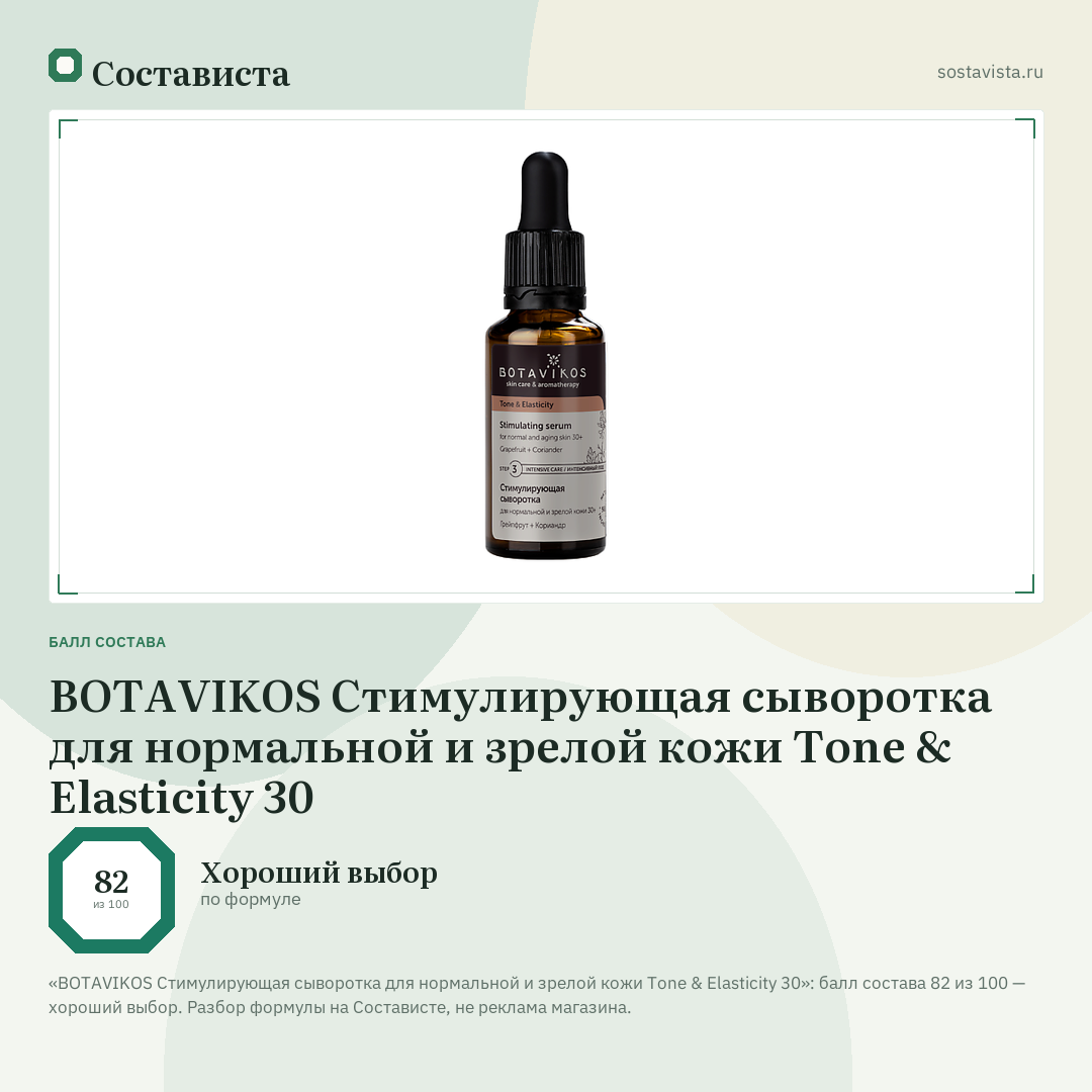 BOTAVIKOS Стимулирующая сыворотка для нормальной и зрелой кожи Tone & Elasticity 30: балл состава 82 из 100 — Состависта