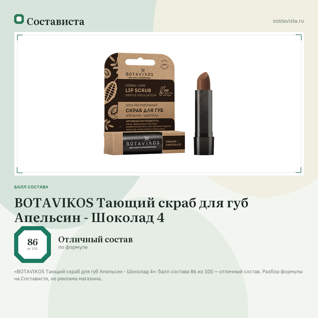 BOTAVIKOS Тающий скраб для губ Апельсин - Шоколад 4: балл состава 86 из 100 — Состависта