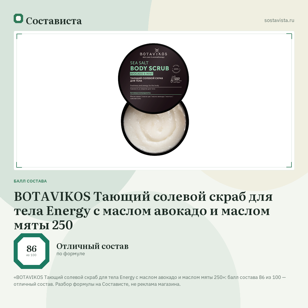 BOTAVIKOS Тающий солевой скраб для тела Energy с маслом авокадо и маслом мяты 250: балл состава 86 из 100 — Состависта