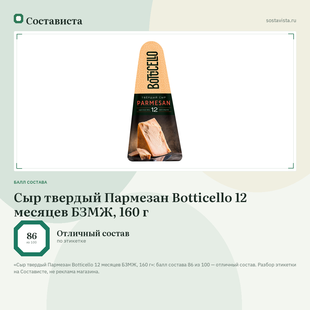 Сыр твердый Пармезан Botticello 12 месяцев БЗМЖ, 160 г: балл состава 86 из 100 — Состависта