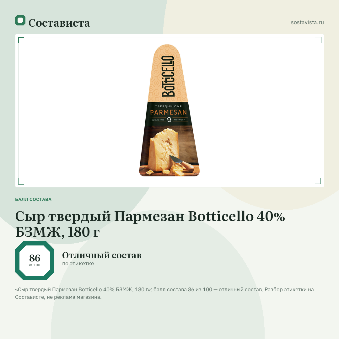 Сыр твердый Пармезан Botticello 40% БЗМЖ, 180 г: балл состава 86 из 100 — Состависта