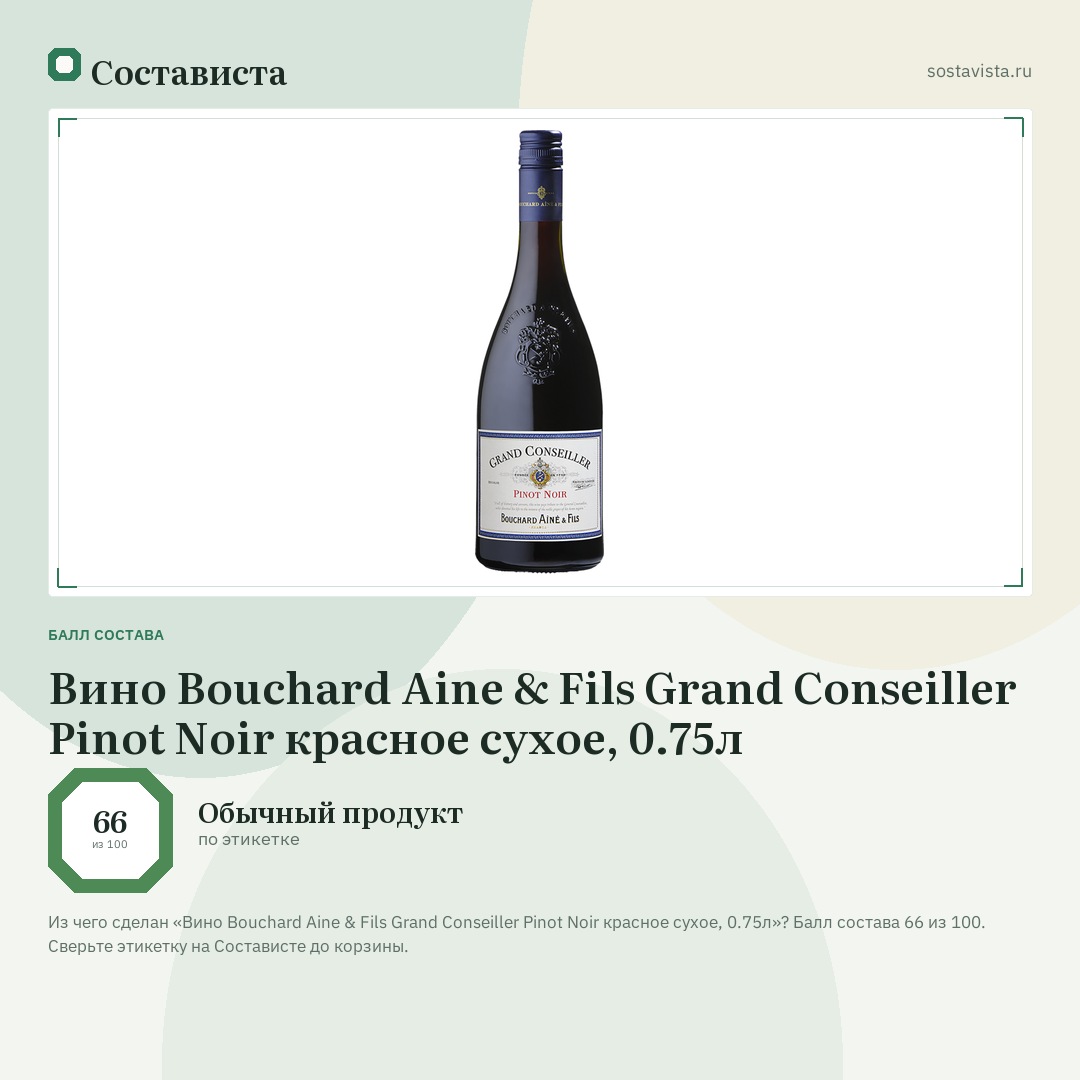 Вино Bouchard Aine & Fils Grand Conseiller Pinot Noir красное сухое, 0.75л: балл состава 66 из 100 — Состависта