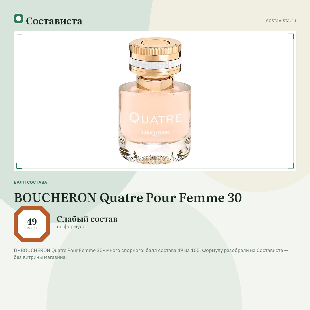 BOUCHERON Quatre Pour Femme 30: балл состава 49 из 100 — Состависта