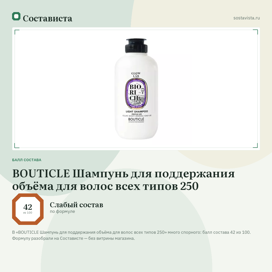 BOUTICLE Шампунь для поддержания объёма для волос всех типов 250: балл состава 42 из 100 — Состависта